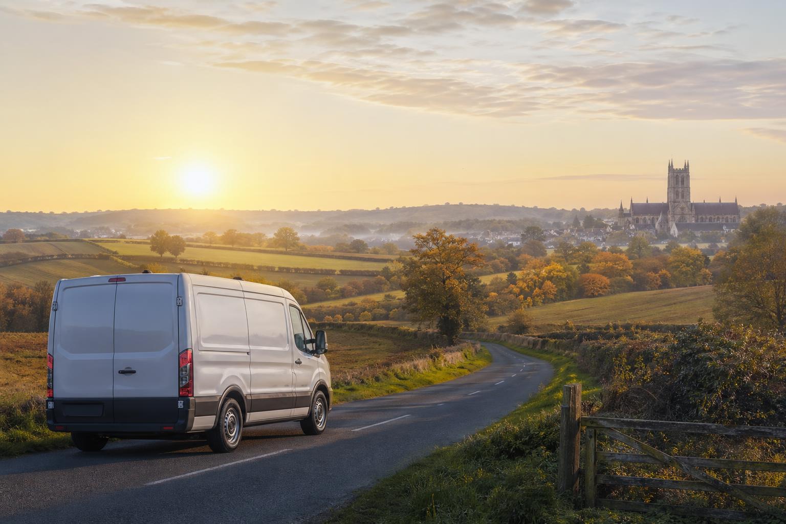 Rental van on a broad rural road near Wimborne Minster with fields and hedgerows