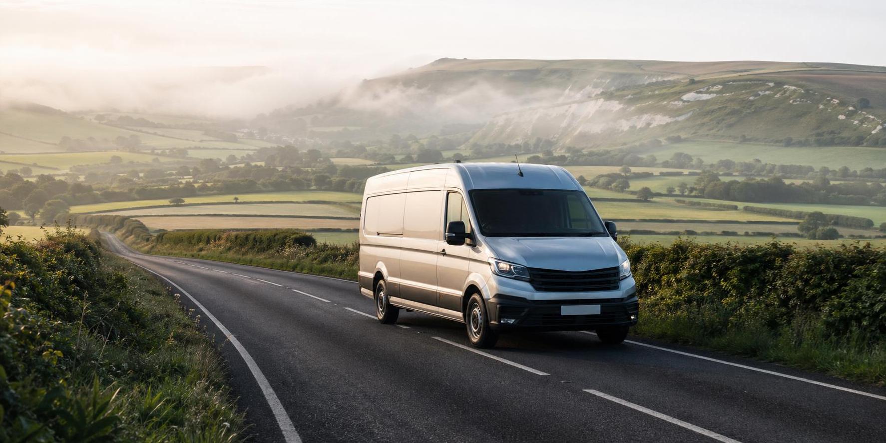 Rental van on an open country road near Blandford Forum with rolling Dorset fields