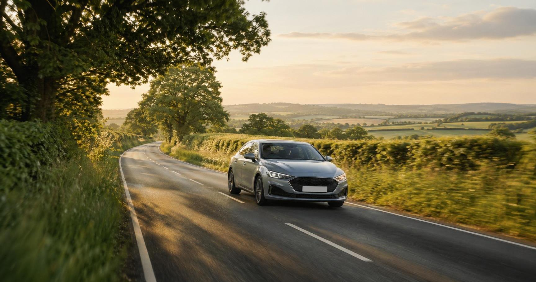 Hire car on a tree-lined rural Dorset road near Dorchester in warm afternoon light