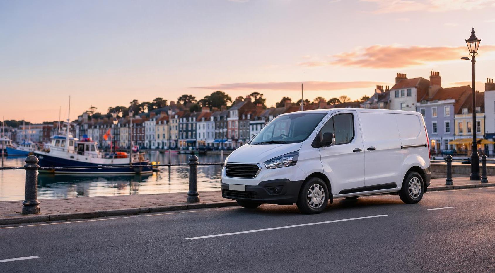 Rental van near Weymouth waterfront with harbour buildings and boats in the distance