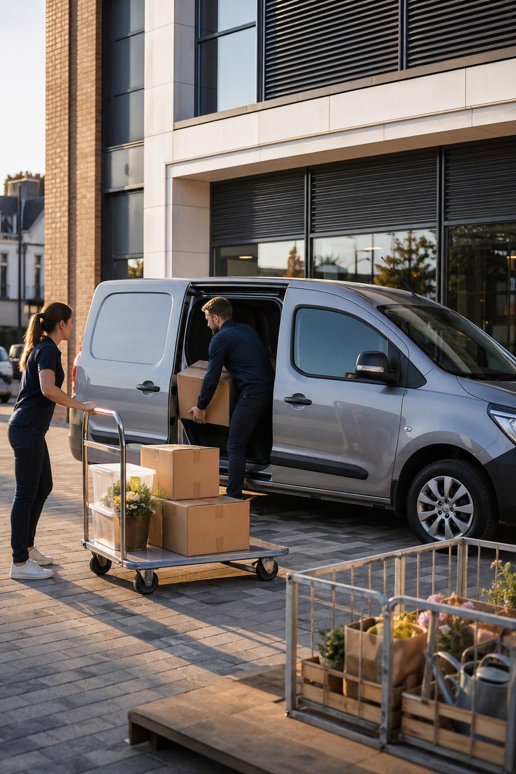 Two people loading supplies into a hire van in Bournemouth town centre