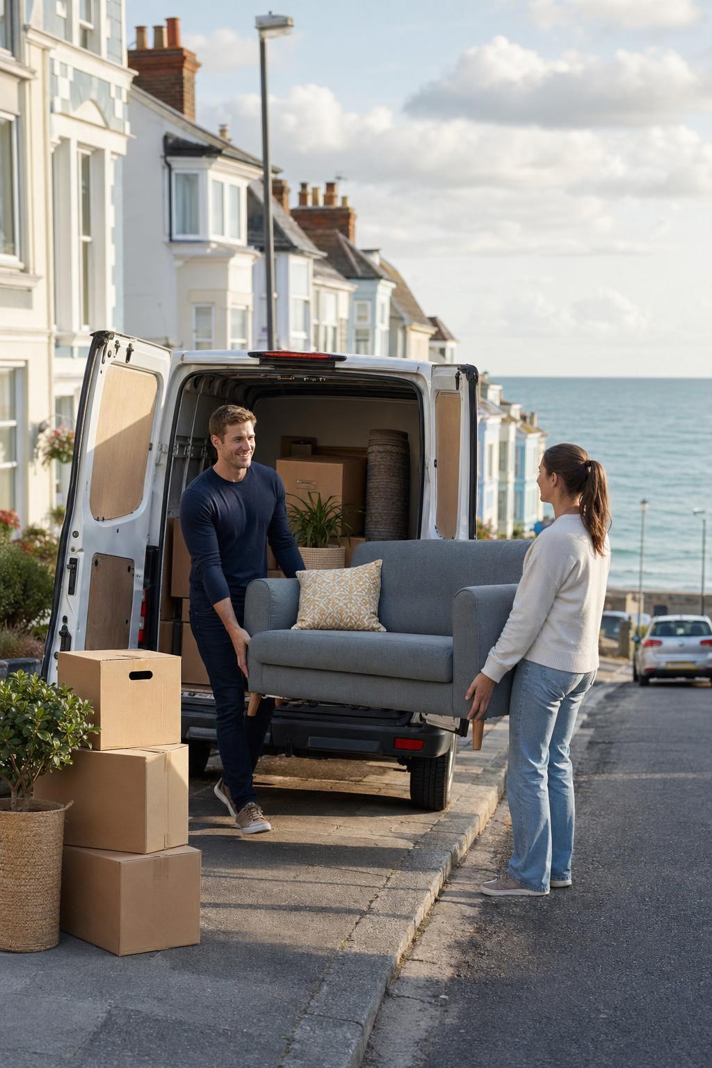 People unloading boxes from a hire van on a Weymouth residential street