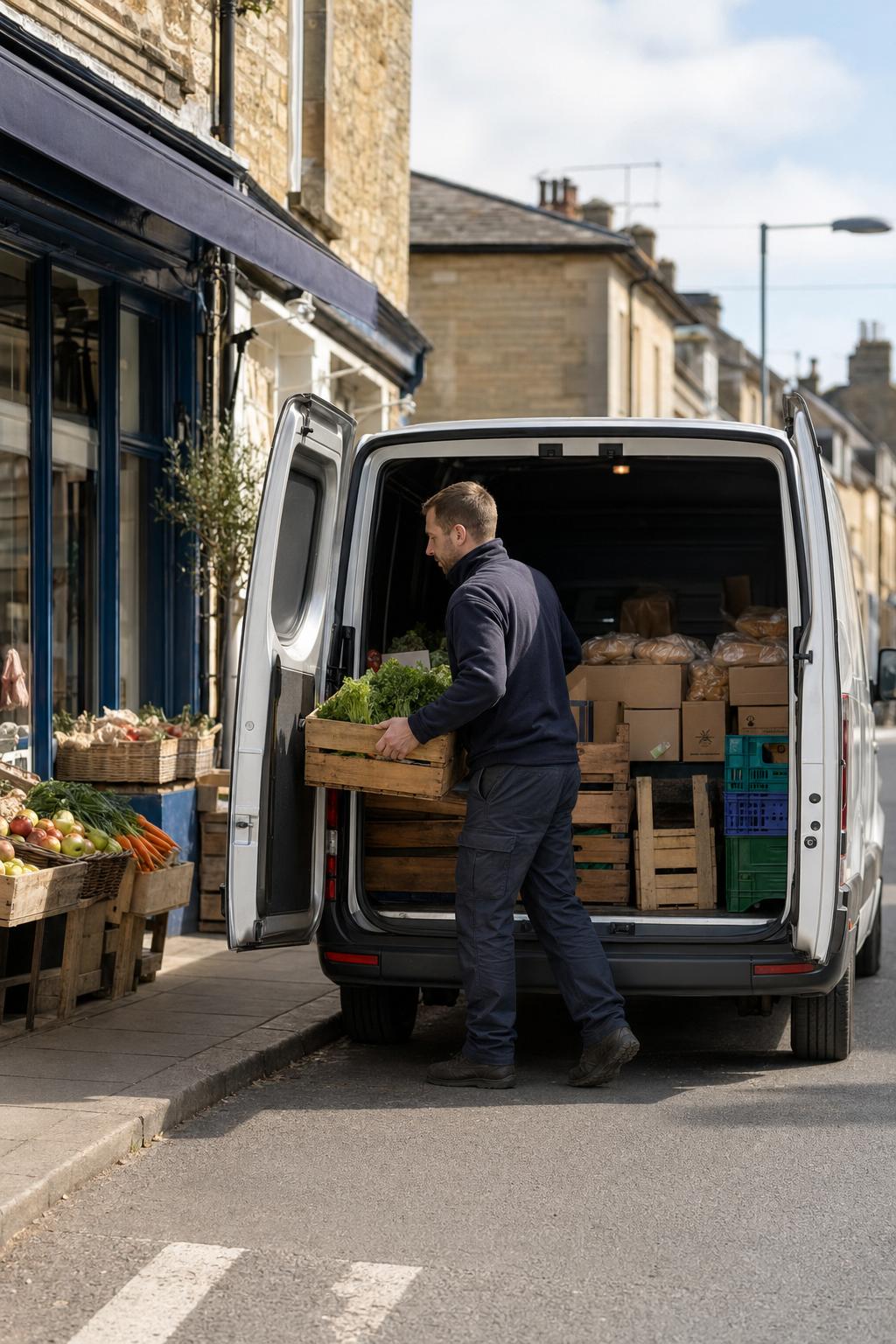 A hire van being loaded with goods in Bridport