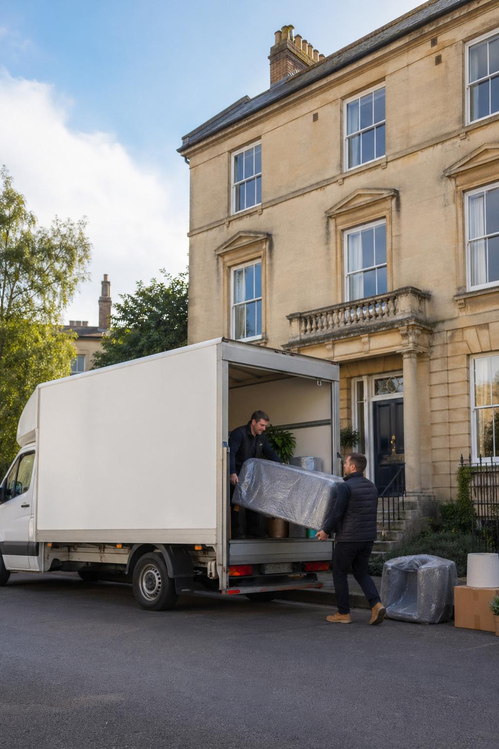 People moving furniture with a Luton van outside a Salisbury townhouse