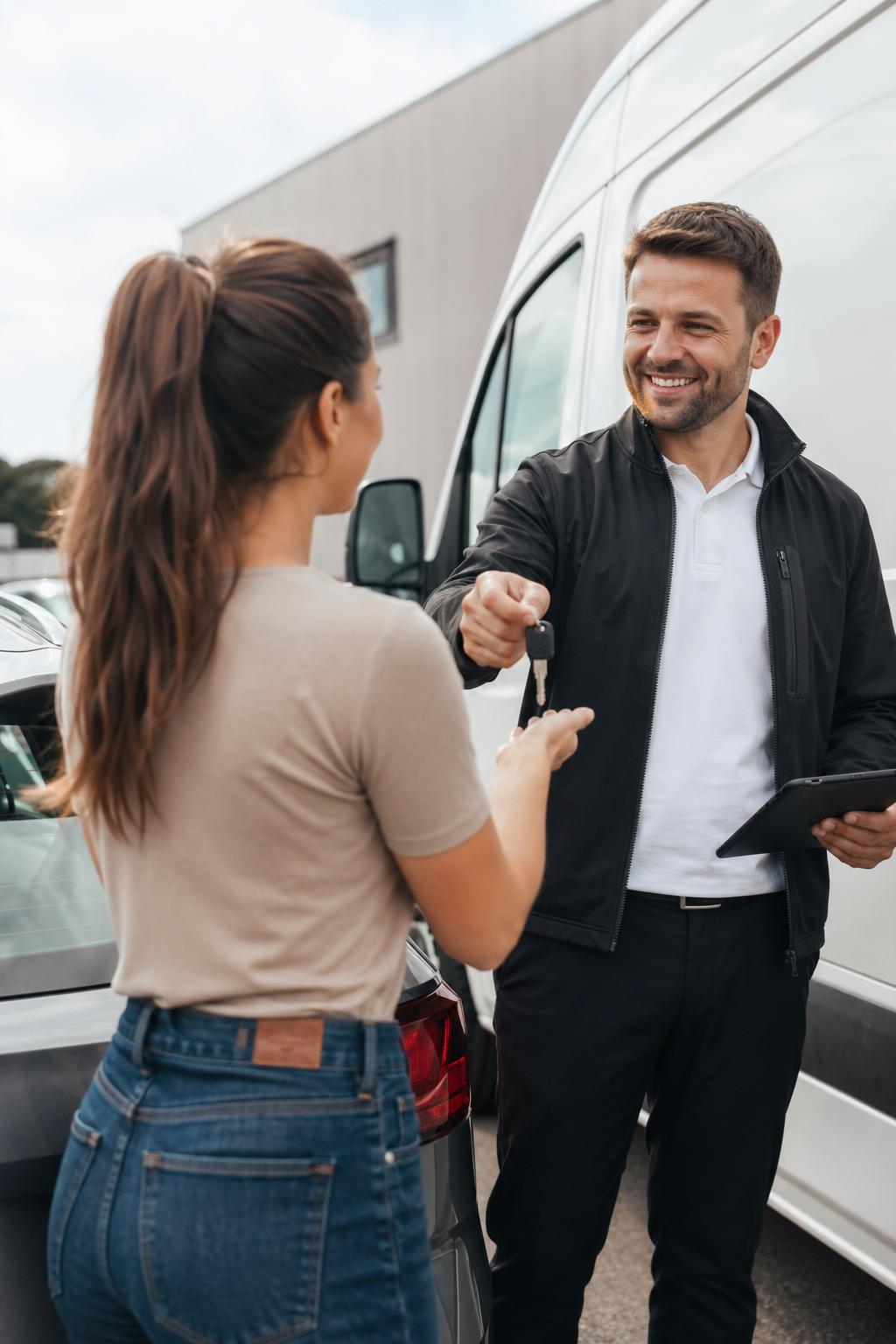 A customer receiving keys beside a hire van in Swindon
