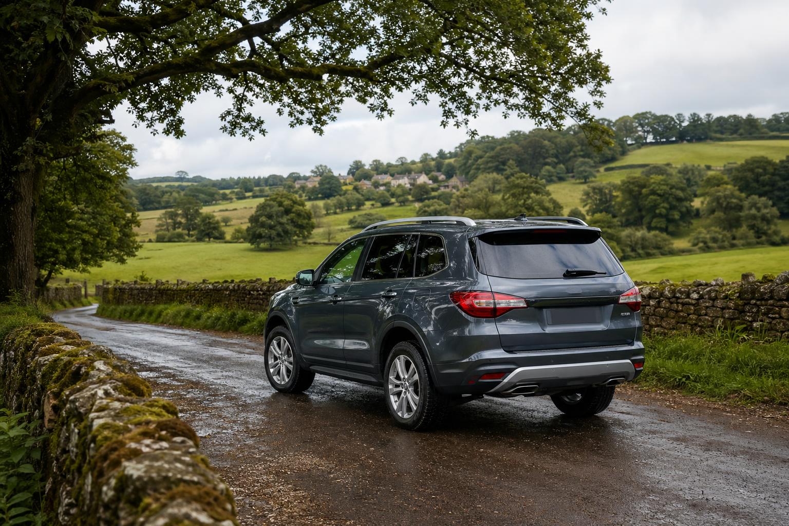 Rental SUV on a green lane near Sherborne with stone walls and pasture