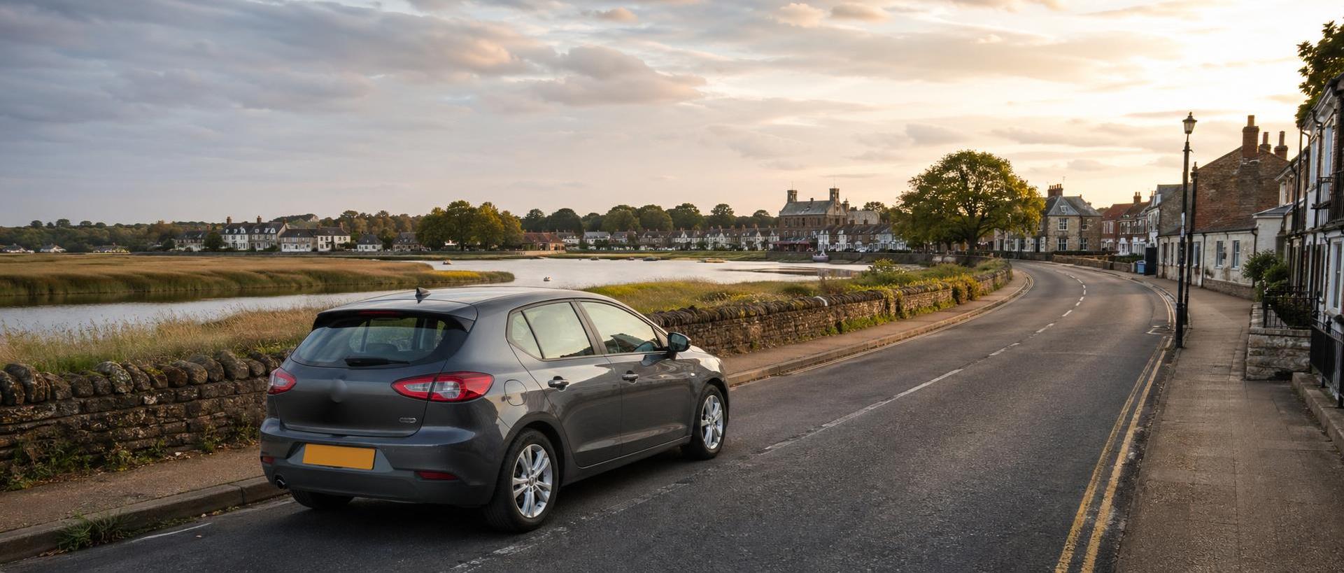 Hire car on a quiet approach road near Wareham with riverside meadows in evening light