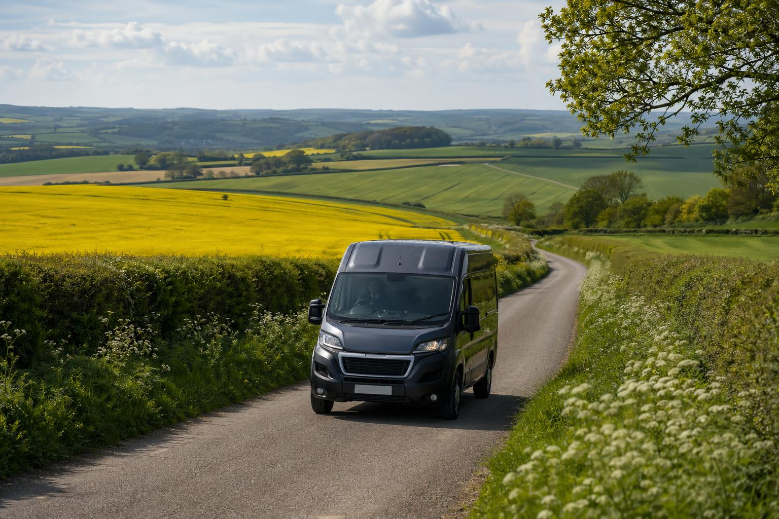 Modern rental van on a quiet rural lane near Bridport surrounded by Dorset farmland